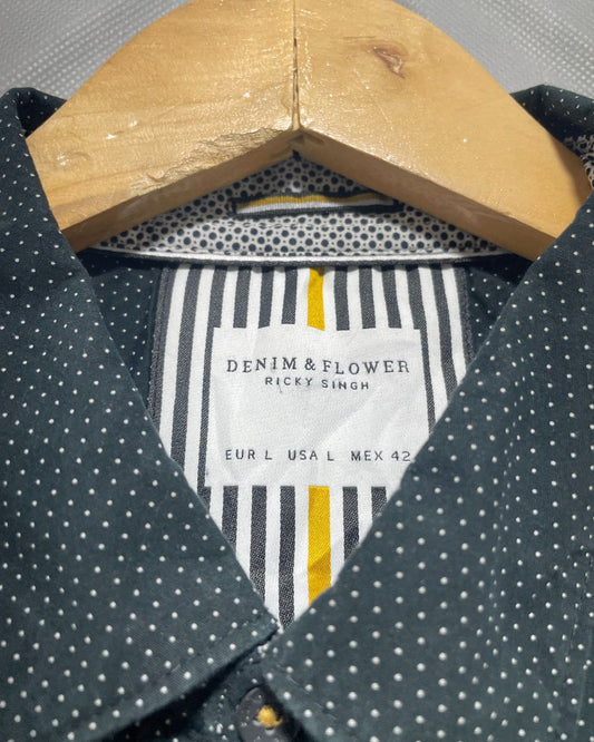 Denim & Flower Black Cotton Shirt For Men Large