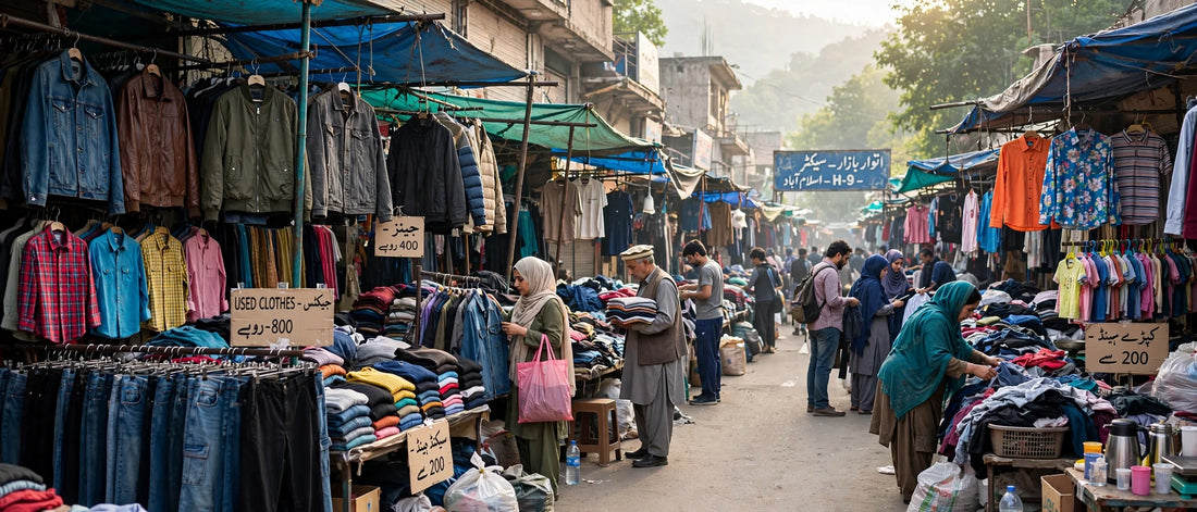 Islamabad Sunday bazaar with secondhand clothing stalls and shoppers