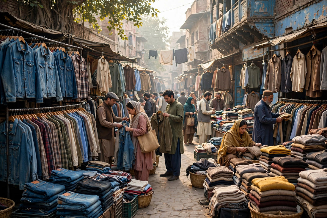 Landa bazaar thrift market in Lahore with preloved clothing racks