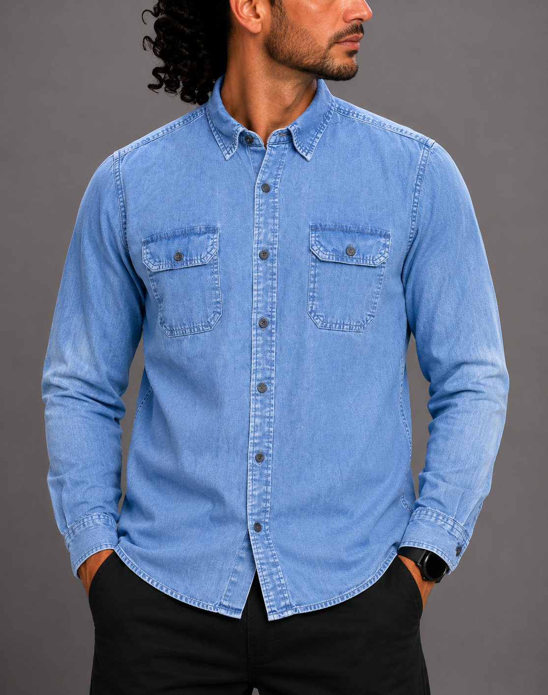 Wrangler Men Denim Blue Shirt L