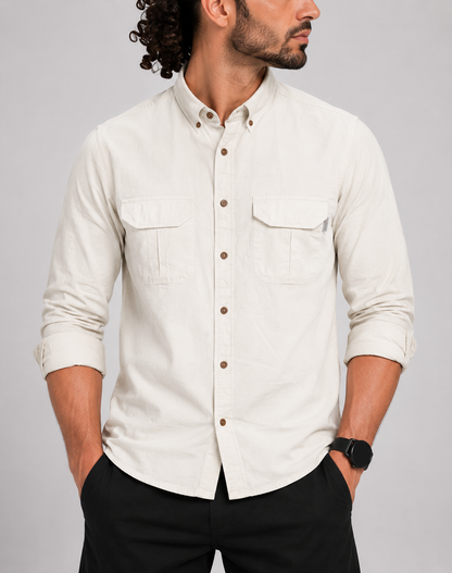 Wool Rich Men Cotton Cream Shirt L