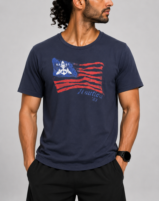 Nautica Men Cotton Blue T Shirt