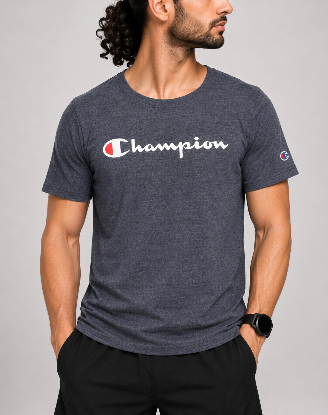 Champion Men Cotton Gray T Shirt
