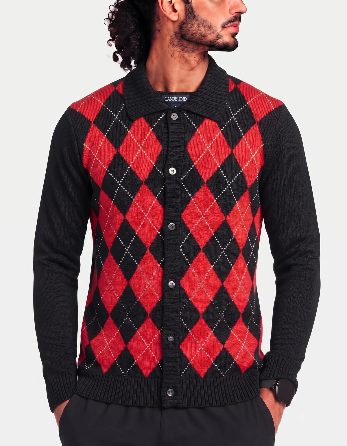 Land's End Men Knit Black Red Sweater L