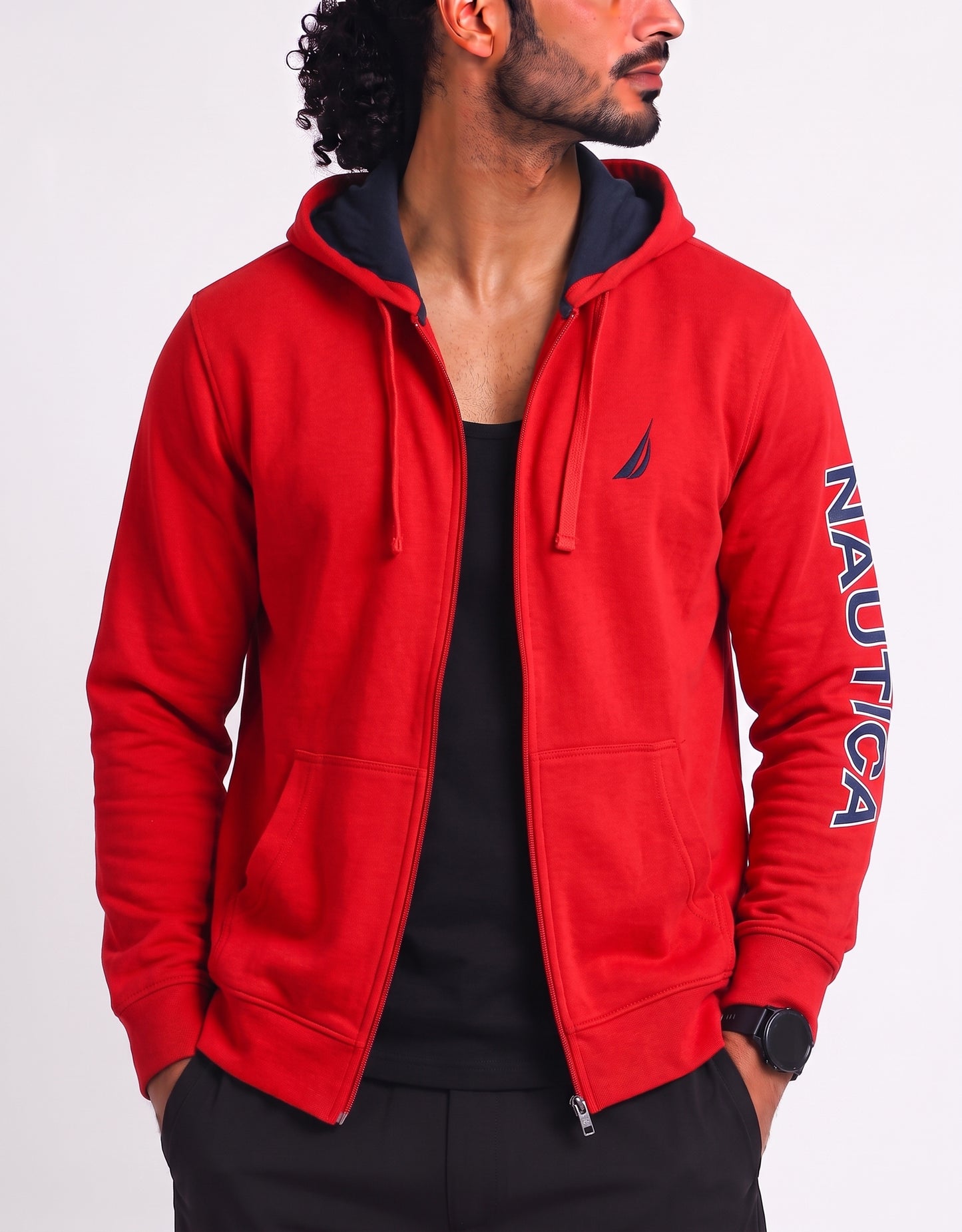Nautica Men Cotton Fleece Red Zipper L