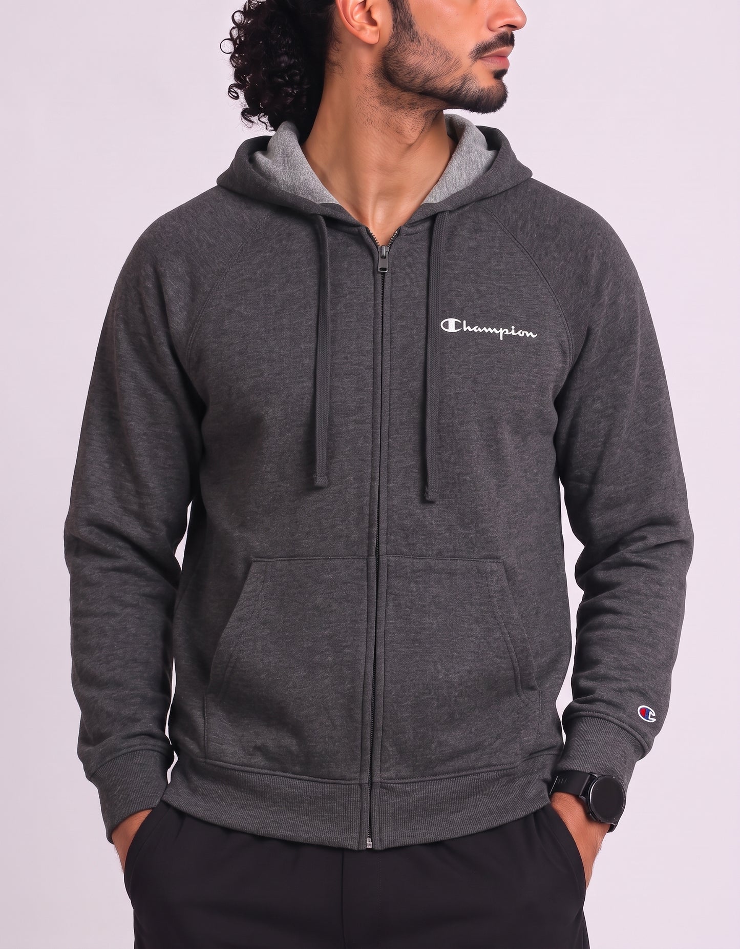 Champion Men Cotton Fleece Gray Zipper L