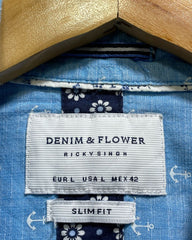 Denim Flower Blue Cotton Shirt For Men Large