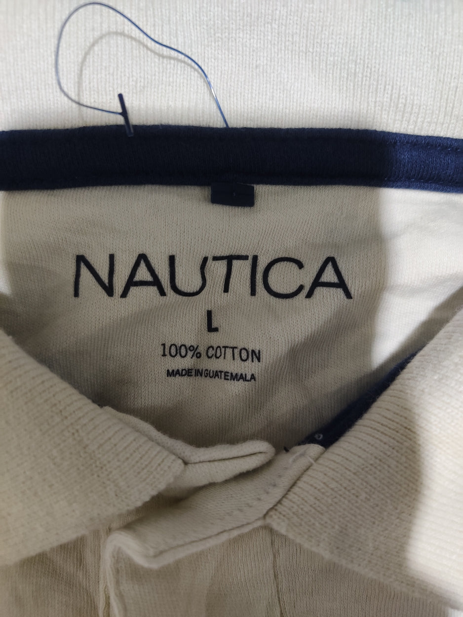Nautica Men Cream Cotton Polo T Shirt L