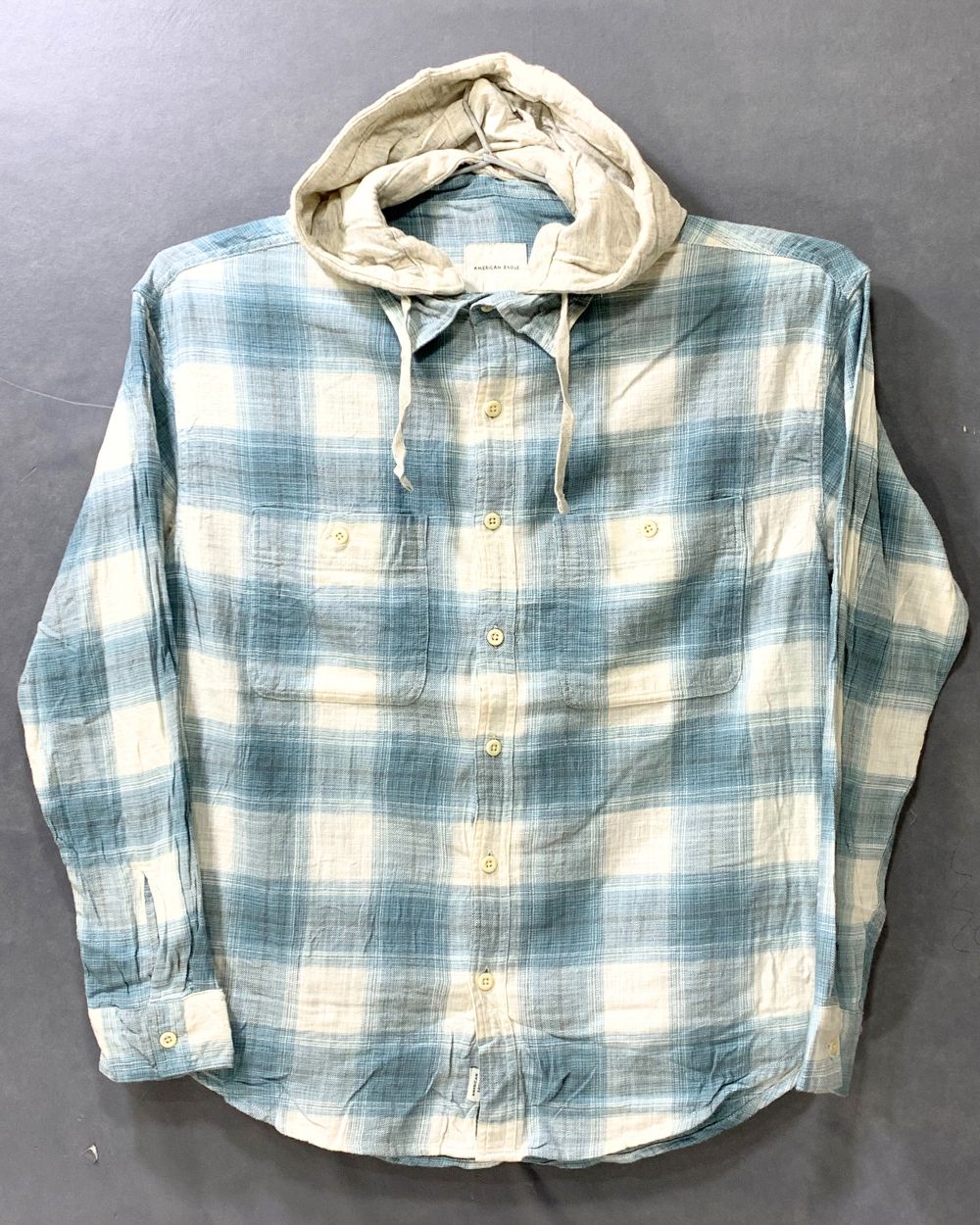 American Eagle Blue Cotton Winter Hood Shirt For Men M