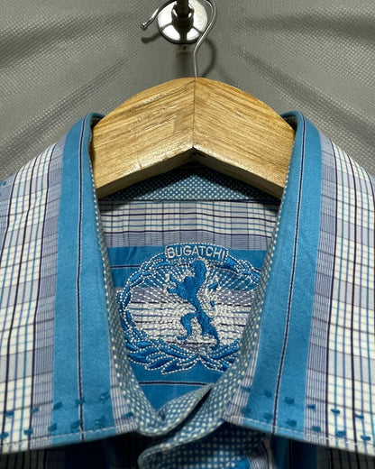 Bugatchi Blue Cotton Shirt For Men Large
