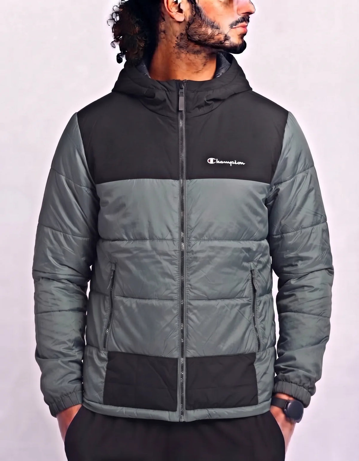 Champion Men Polyester Grey Black Puffer Jacket XL