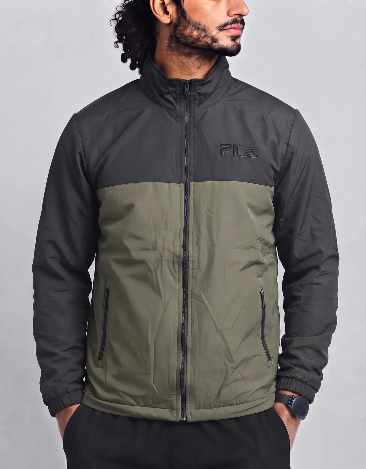 Fila Men Polyester Olive Dark Grey Puffer Jacket M