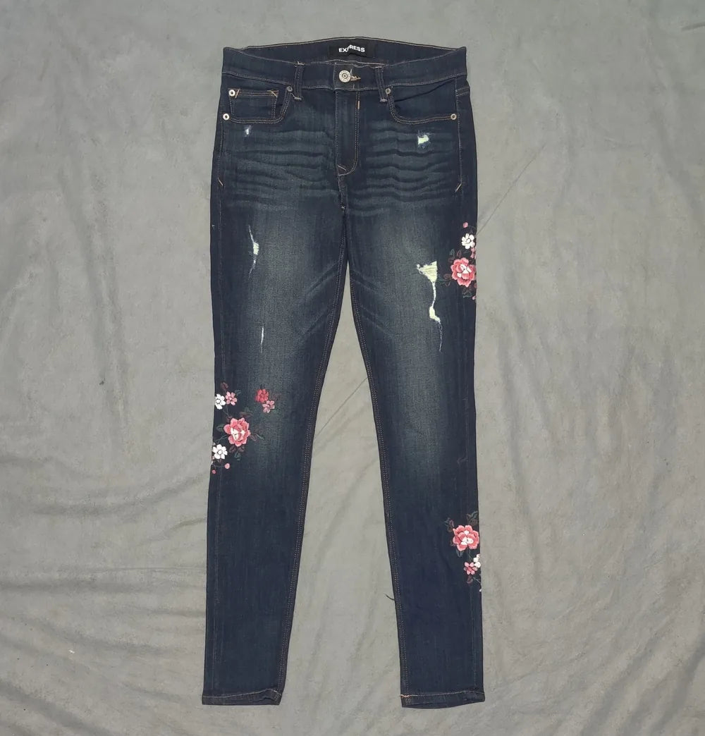Express Women Cotton Dark Blue Pink Jeans M - additional view 3